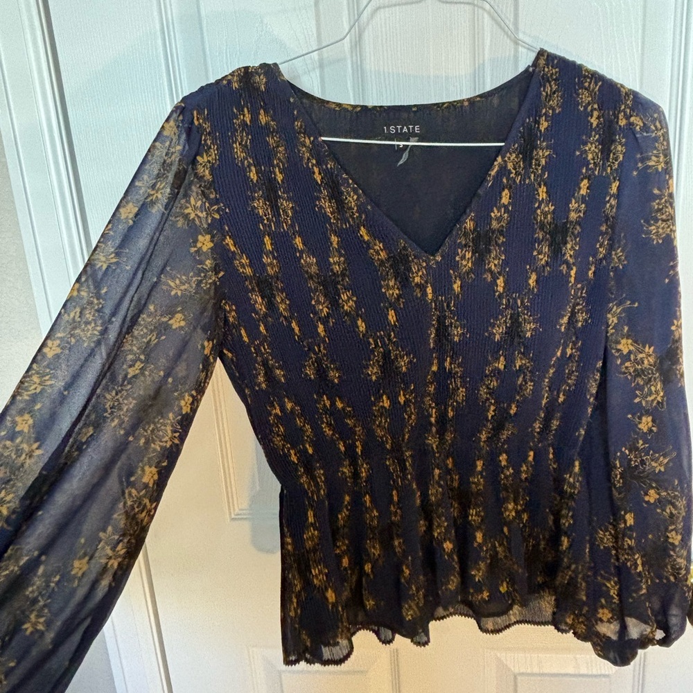 Women’s Small Navy and Gold Floral Cinched Waist Blouse with Sheer Sleeves